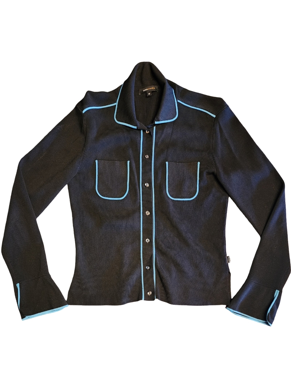 BCBGMAXAZRIA VINTAGE Y2K 90's/00's Black With Blue Piping Button-Up Cardigan EUC - Picture 3 of 5